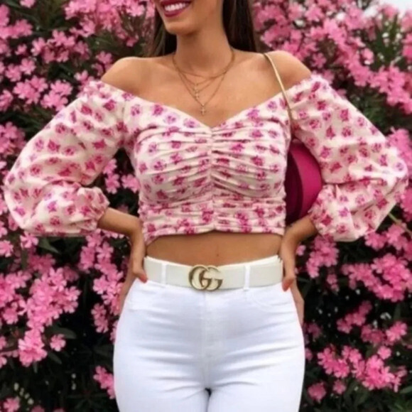 Zara Pink Floral Ruched Long Puff Sleeve Crop Top M - Picture 1 of 5